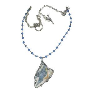 Homer Laughlin Blue Bird China Pendant, Silver-Blend Metalwork Crystal Necklace